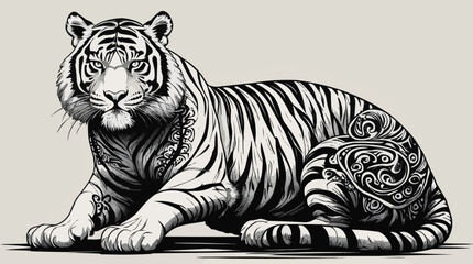 Majestic Tribal Tiger – Black and White Ink Illustration