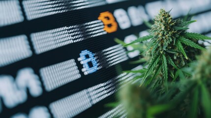 Cannabis in legalization market concept. Close-up of cannabis plant with digital cryptocurrency display in the background.