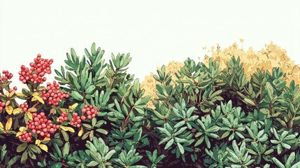Fototapeta premium Vibrant Green Leaves and Red Berries with Soft Background Tones