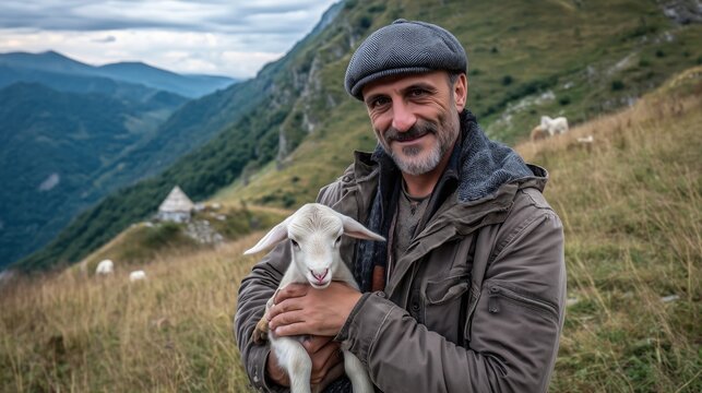An Armenian man holding a baby goat in a meadow. A grassy hillside of North Caucasus. A herdsman and a lamb