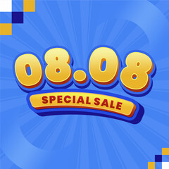 08.08 Special Sale Banner 3D with Bold Yellow Text on Blue Background