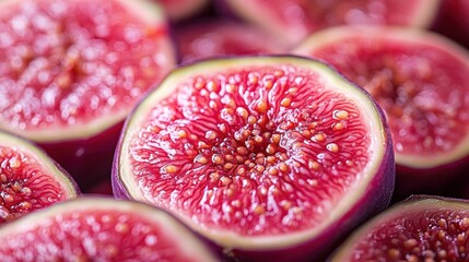 Close-up view of sliced figs, showcasing vibrant red and purple flesh with seeds.