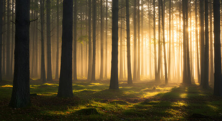 Fototapeta premium Misty Forest with Sunlight Rays