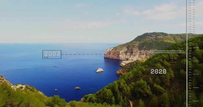 Coastal landscape with timeline animation showing years 2009 and 2016