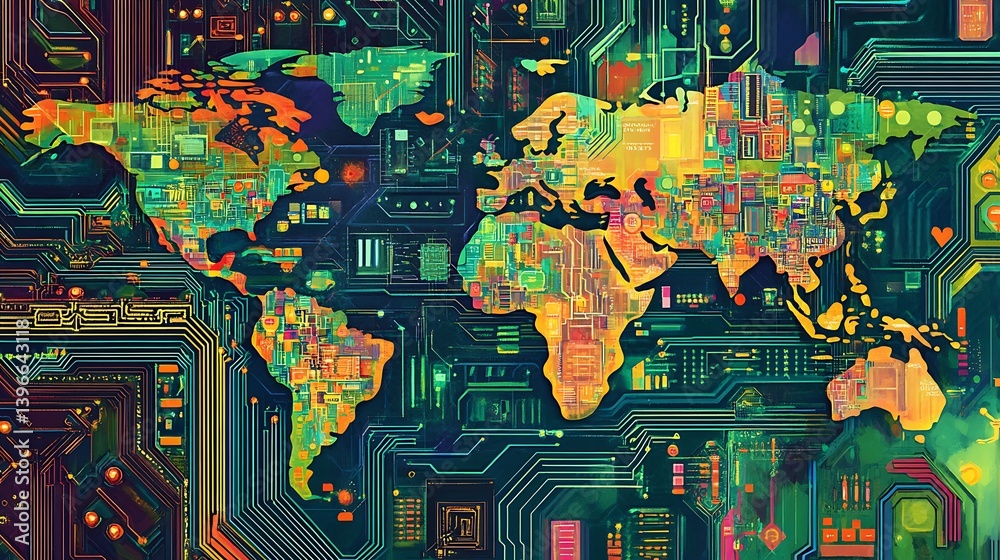 Poster colorful abstract world map with circuit patterns, representing technology and connectivity