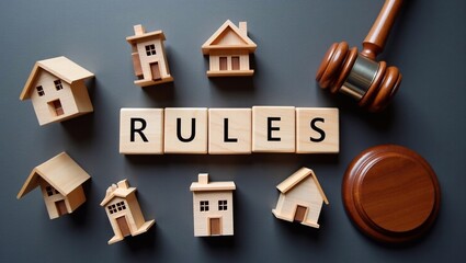 Real estate rules: a detailed photograph of wooden houses arranged around the word "RULES", with a judge's gavel in the background.