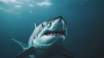 Fototapeta premium Great white shark swimming in the blue ocean waters near the reef, a powerful marine predator in its natural habitat