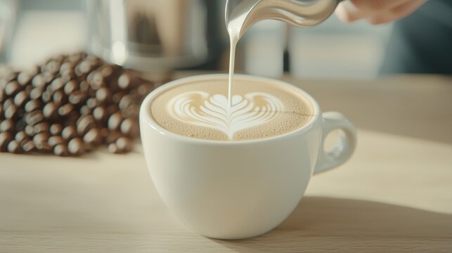 Latte art creation in progress.  A skilled barista pours steamed milk over a latte, creating a beautiful latte art design