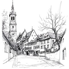 Obraz premium Black and white sketch of a quaint European street with a tall church tower.