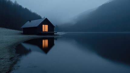Fototapeta premium Tranquil cabin by a serene lake at dusk