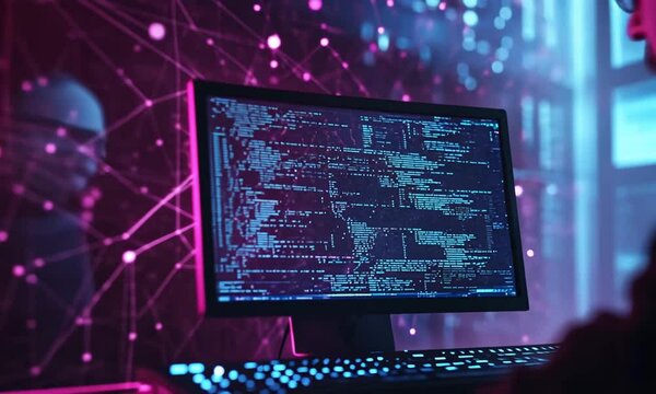 Hombre escribiendo en computadora con c&oacute;digo en la pantalla, fondo tecnol&oacute;gico con luces y colores neon.