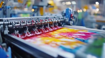 Vibrant textile printing process in a modern factory, showcasing colorful patterns being printed