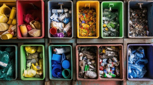 An array of colorful recycling bins with labels for sorting different types of recyclable materials