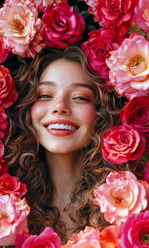 Mujer rubia cabello rizado, sonriendo, rodeada de flores, rosas y rojas, video vertical. 