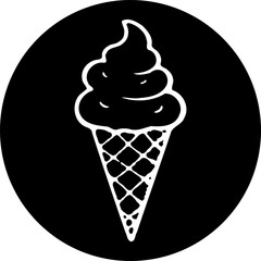 Simple ice cream cone outline illustration in a solid black circle background