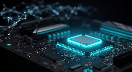 Obraz premium Glowing Core Processor on Motherboard: A Closeup of Advanced Computer Technology