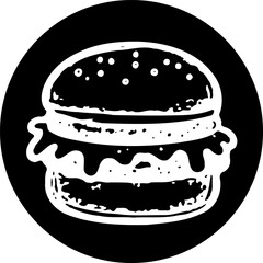 Monochrome depiction of a stylized burger against stark black backdrop disc