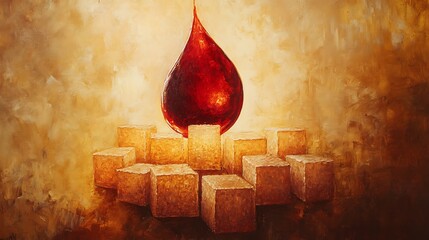 Artistic representation of a blood drop above sugar cubes on a textured background, symbolizing health
