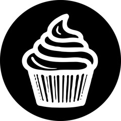 Minimalist cupcake icon on a black circle background evoking simple sweetness