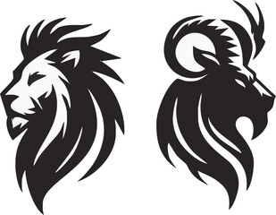  Majestic Crests: A duo of imposing lion and ram silhouettes stand in stark contrast, rendered in a graphic, vector-style illustration, showcasing strength and primal elegance.