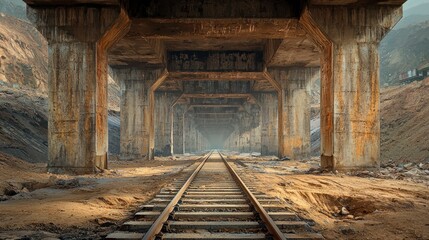 Fototapeta premium Abstract View of Weathered Railway Infrastructure Under a Bridge with Rustic Texture and Serene Atmosphere