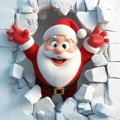 Jolly Santa Claus bursts through a wall of ice, his cheerful face beaming with holiday spirit. A festive winter scene.