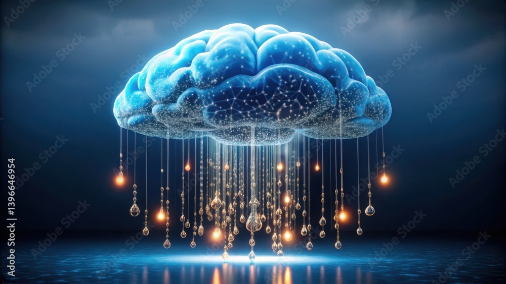 Aufkleber digital brain cloud with raindrops and light drops in gigapixel