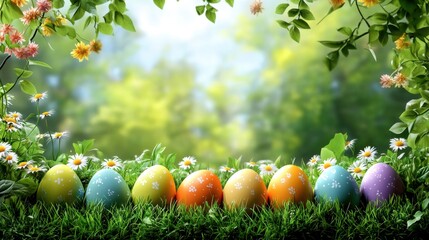 Colorful decorated eggs lying in the grass. Spring flowers and leaves frame a soft green background. Celebration concept.