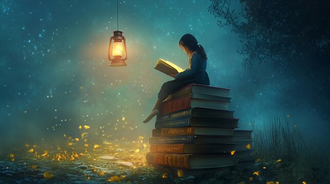 A girl reading a book under the light of a lantern in a magical forest