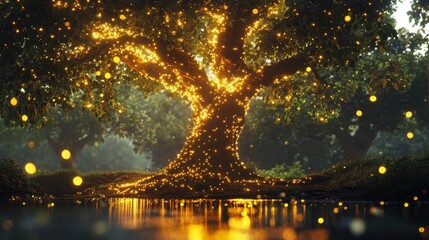 Naklejka premium Luminous golden tree reflected in still water, surrounded by glowing orbs and lush greenery. A magical, ethereal forest scene