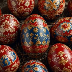 Decorative Easter eggs painted in Russian Khokhloma folk art tradition
