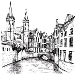 Hand-drawn sketch of a charming European canal-side town with medieval architecture and a bridge.