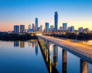 Fototapeta premium A bridge covered in evening lights stretching from the suburbs to the city, Suburban Sunset of City Skylines