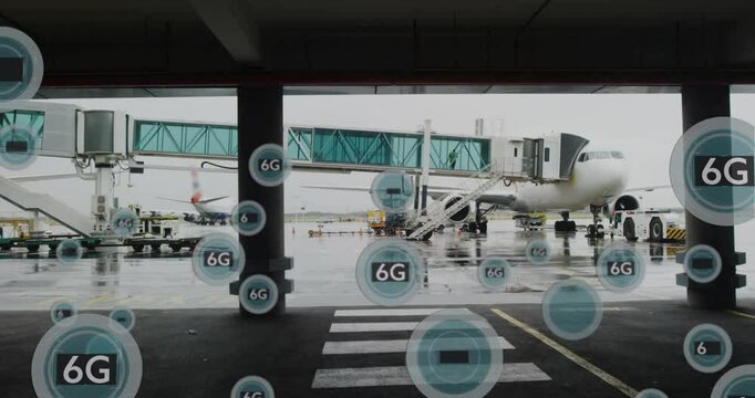 In airport, animation of 6G technology symbols overlaying planes and boarding gates