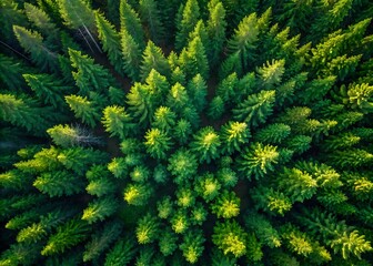 Fototapeta premium Aerial View of Lush Pine Forest with Dense Green Coniferous Trees