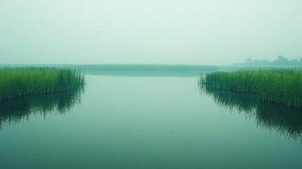 Obraz premium Serene Minimalist Landscape with Calm Water and Lush Green Grass in Foggy Environment