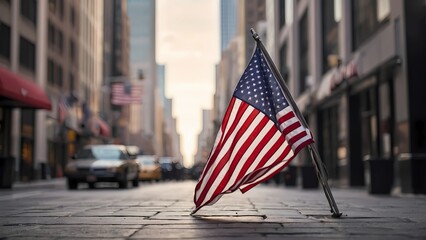 Plakat United States flag with city and skyscrapers in the background, Concept of celebrating Labor Day, US presidential election,veterans day