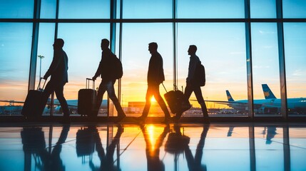 Group of business man and travel at airport on airplane for professional trip, journey or flight. Happy manager walking with suitcase, luggage and bag for boarding.