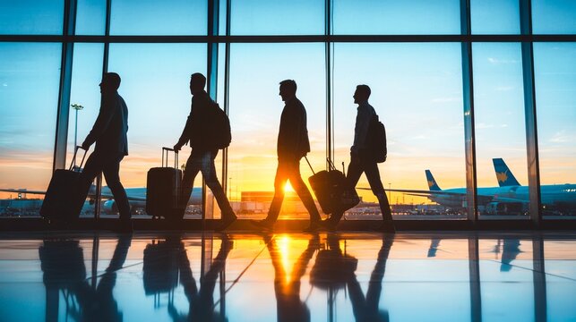 Group of business man and travel at airport on airplane for professional trip, journey or flight. Happy manager walking with suitcase, luggage and bag for boarding.