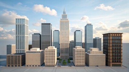 Fototapeta premium A detailed city skyline featuring a mix of modern skyscrapers and architectural designs under a clear sky.