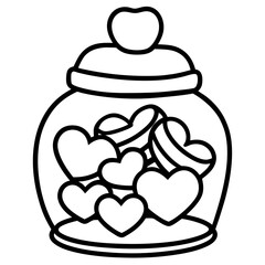 Candy jar with heart-shaped candies line art vector