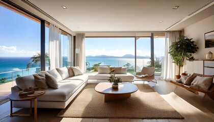A coastal-inspired penthouse living room with airy white decor and breathtaking sea views