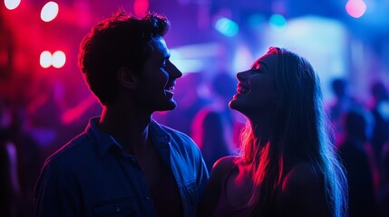 Couple singing along to their favorite song at a pop concert, eyes locked 