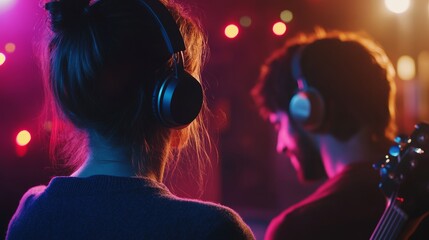 Two people sharing headphones and swaying at an acoustic live performance