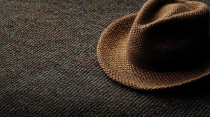 Vintage Brown Fedora Hat Resting on Woven Herringbone Textile Background