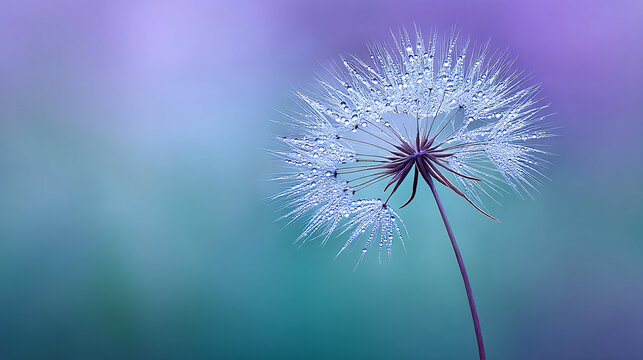 stunning macro capture of dandelion seed adorned with delicate water droplets, set against soft, blurred background that evokes sense of tranquility and beauty
