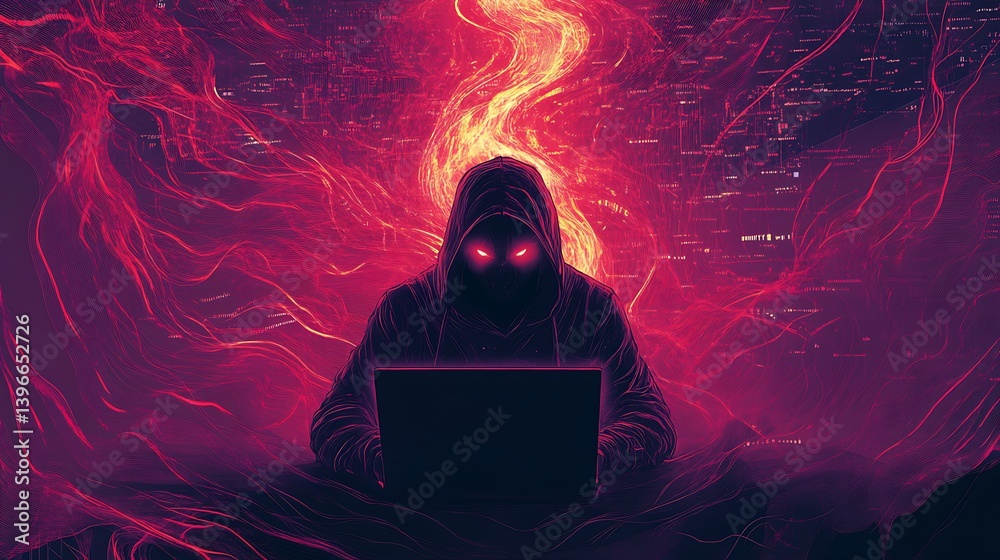 Aufkleber mysterious hacker in a dark environment, illuminated by glowing red elements, focused on coding