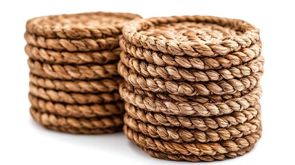 Obraz premium Stacked woven coasters on a white background for protecting surfaces