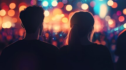Young lovers watching a live concert, faces glowing from stage lights 