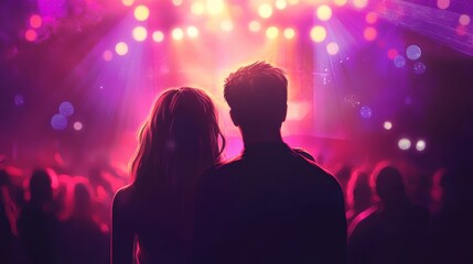 Young lovers watching a live concert, faces glowing from stage lights 